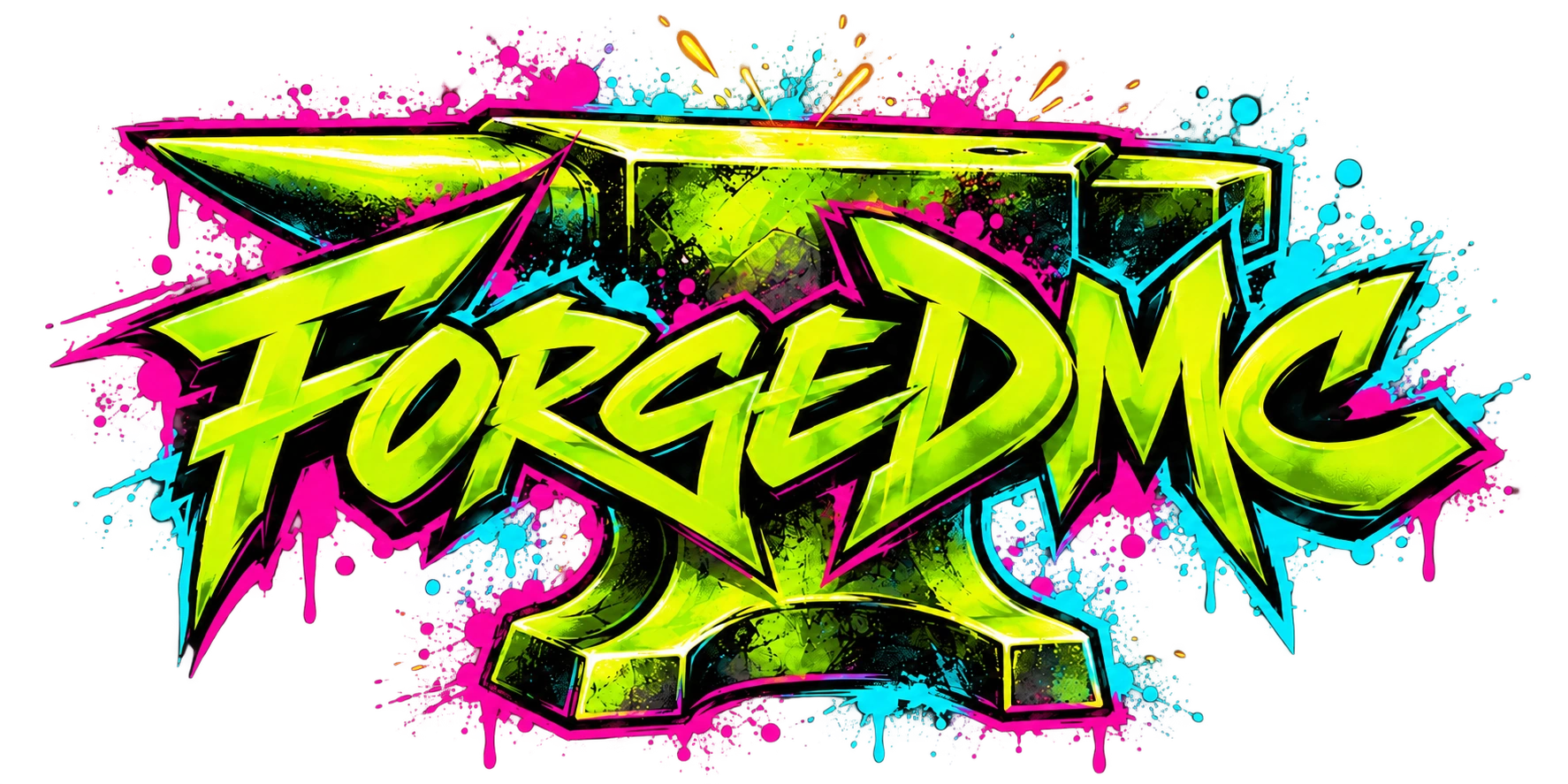 ForgeDMC neon graffiti logo with blacksmith anvil